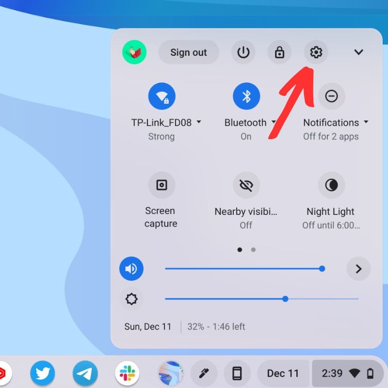 Chromebook-Einstellungen aus dem Schnellbedienfeld öffnen