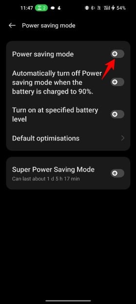 imagem mostrando configurações de economia de energia no android
