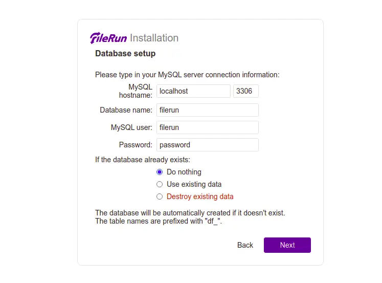 Impostazione del database