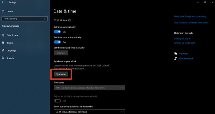 syncing date and time on windows 10