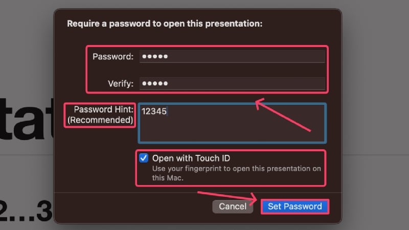 Keynoteファイルの暗号化のためのパスワードを入力