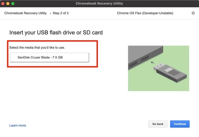 chrome os flex usbドライブを選択