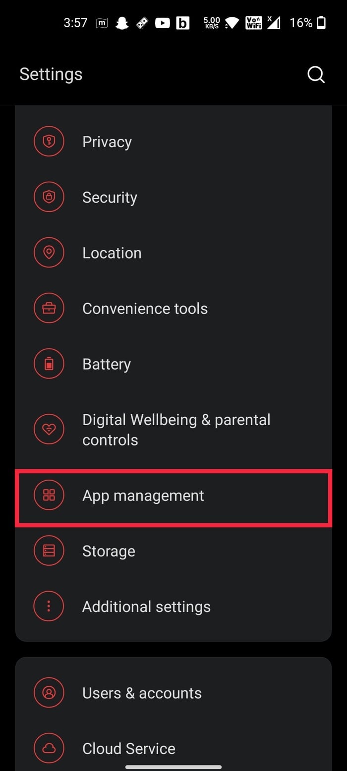 configuración de gestión de aplicaciones