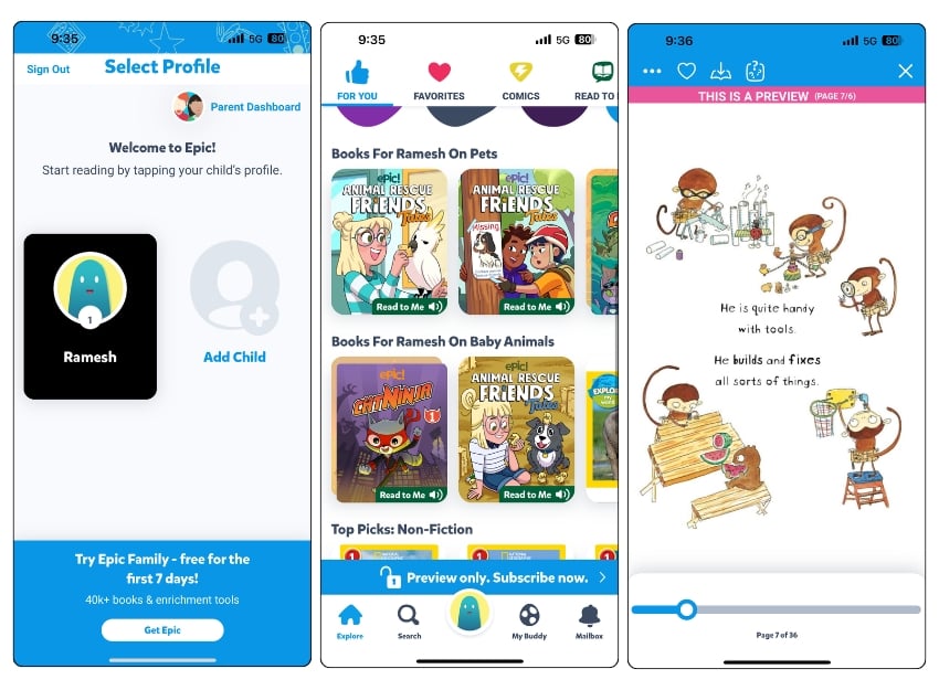screenshot dell'app epic! che mostra una pagina di selezione del profilo, una schermata di raccomandazione di libri per bambini e una pagina di lettura del libro