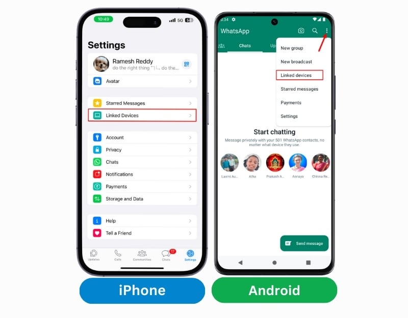 paramètres des appareils liés whatsapp sur android et iphone