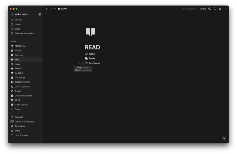 перемещение блоков notion на странице.