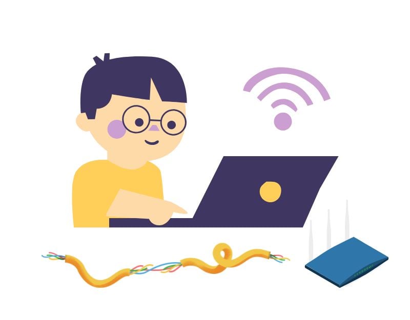 imagem mostrando menino usando wifi, roteador de internet, fio quebrado