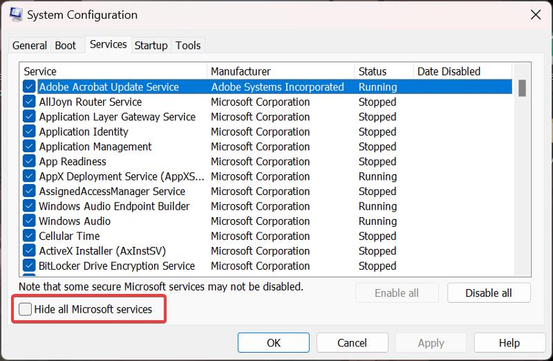 すべてのMicrosoftサービスを隠す