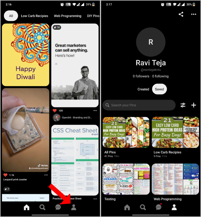 apertura profilo pinterest su mobile