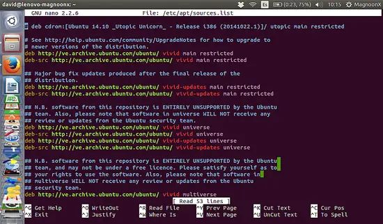 Le fichier sources.list d'Ubuntu dans un éditeur.