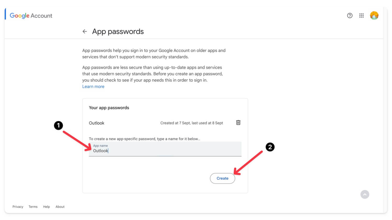 create app password for outlook