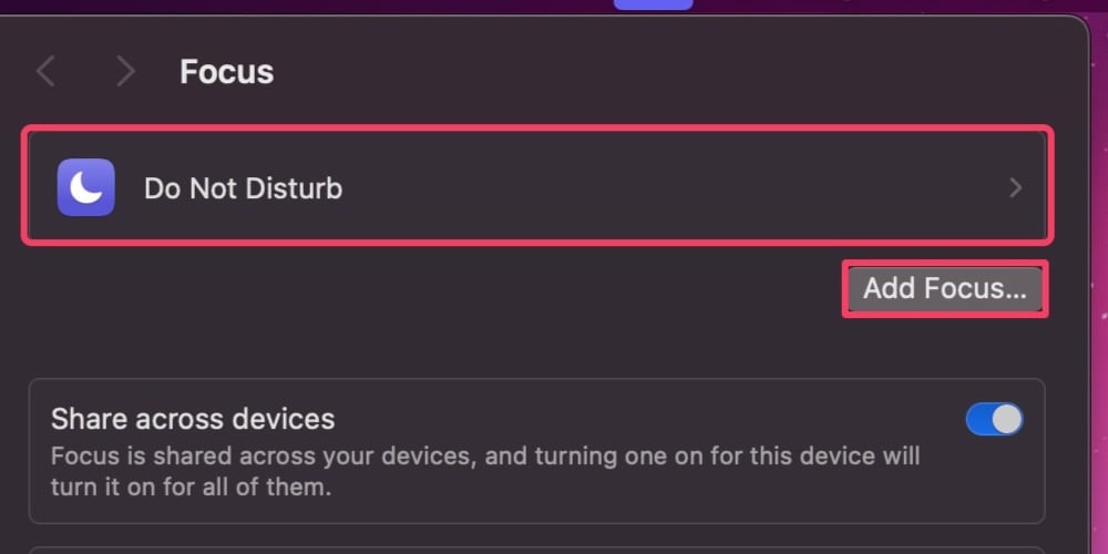 configurações do modo foco