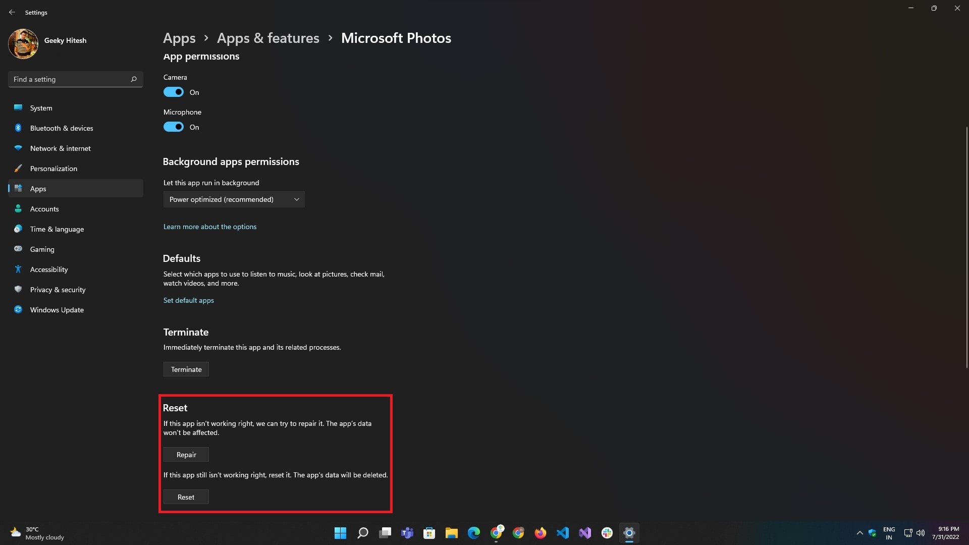 reset option in-app settings ui
