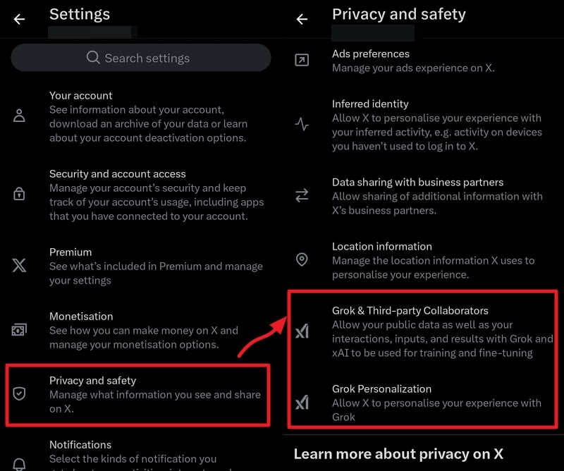 configuraciones de grok ia en la aplicación x