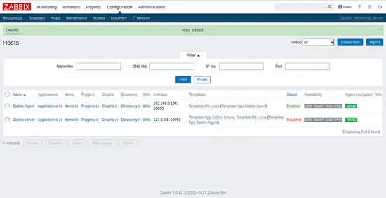 Host erfolgreich zu Zabbix hinzugefügt