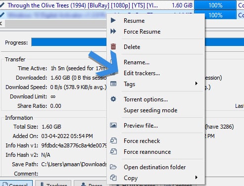 Open Torrent tracker menu