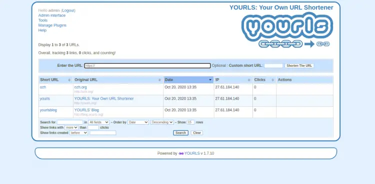 Panel de administración de YOURLS