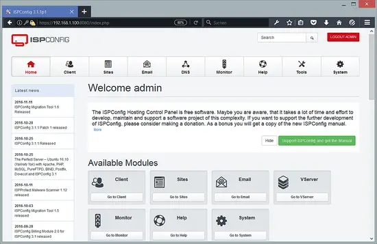 Dashboard ISPConfig 3.1
