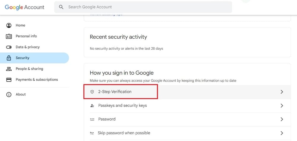 opzione verifica in due passaggi google