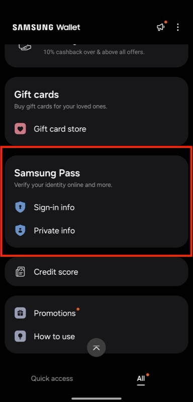 sezione samsung pass nell'app samsung wallet.