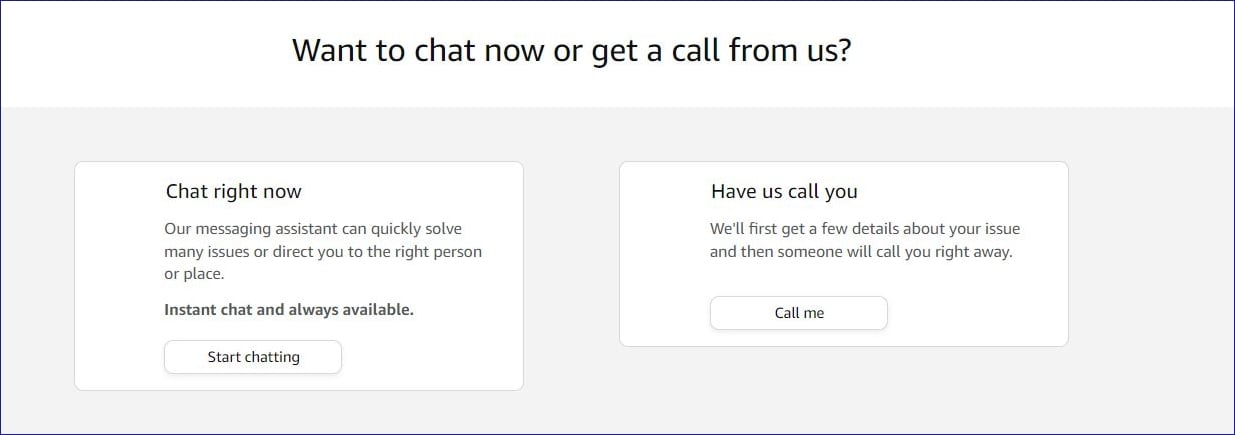 scegli di chattare o chiamare con il supporto clienti amazon