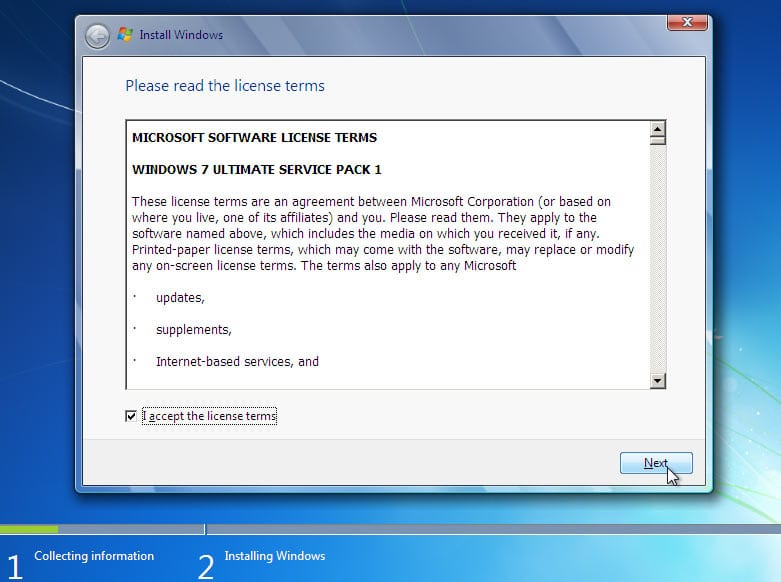 Windows 7 Bedingungen während der Installation