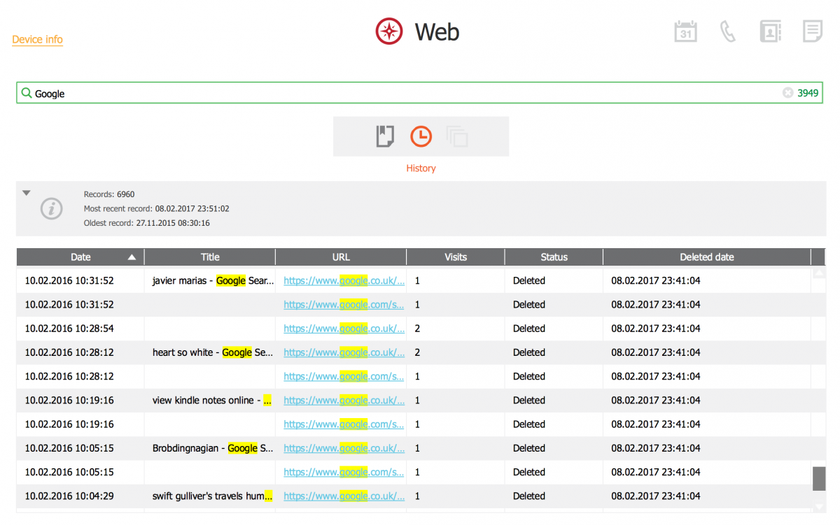 Ricerca iCloud di Elcomsoft in Phone Breaker che mostra la cronologia web di Safari