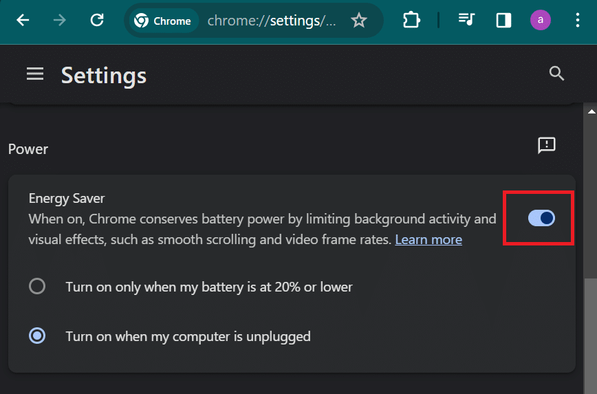 disabilitare risparmio energetico in chrome