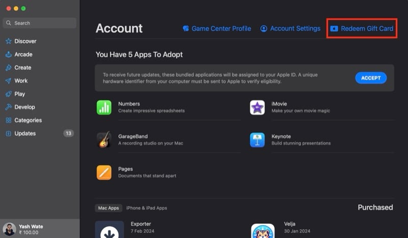 opção de resgatar cartão presente na app store em um mac.