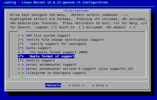 menuconfig abilita quota 2