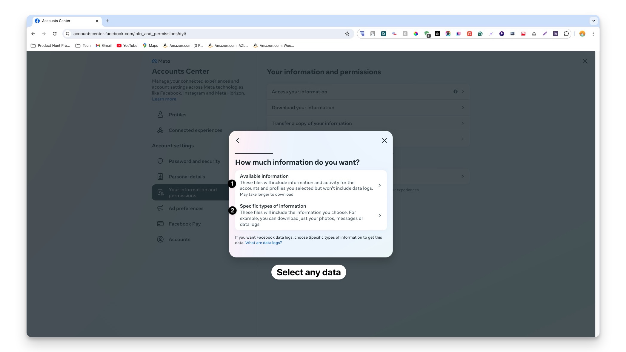 sélectionnez combien d'informations vous souhaitez télécharger