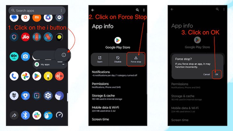 forçar parada da google play store