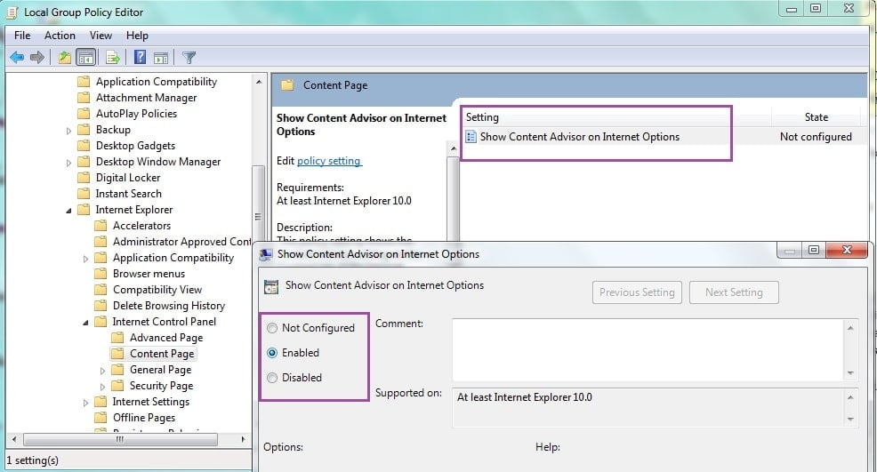 activation du conseiller de contenu