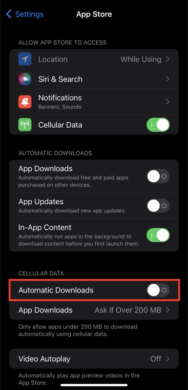 отключение автоматических обновлений для сотовых данных на iphone