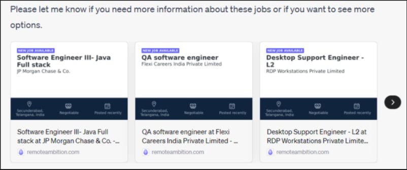 liste des emplois générée par le plugin ambition chatgpt