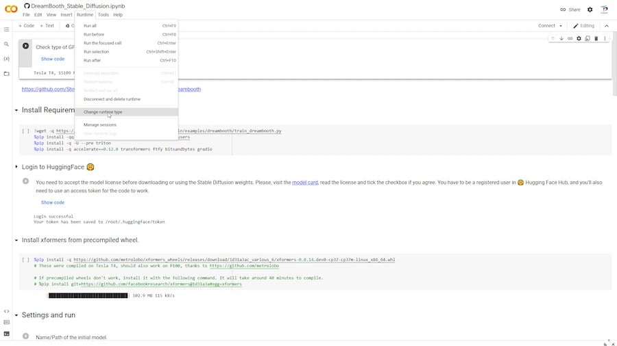 change runtime type dreambooth