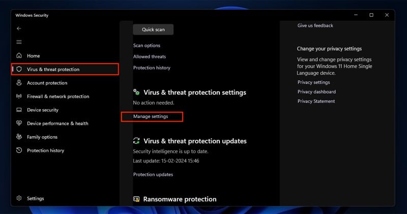 impostazioni di protezione da virus e minacce su windows 11.