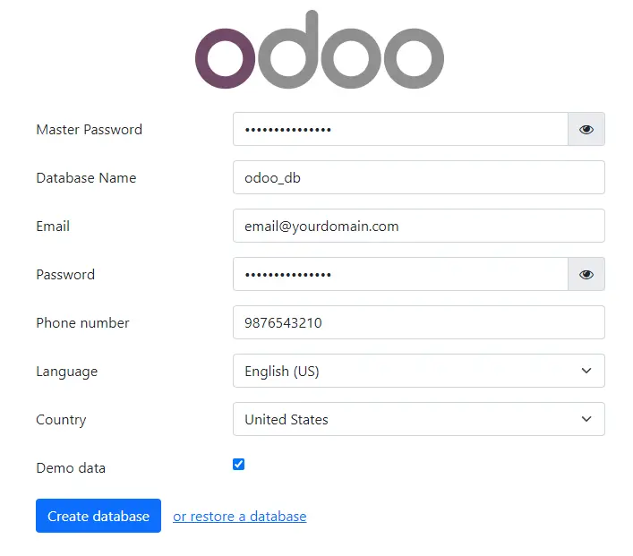 Odooデータベース作成ページ