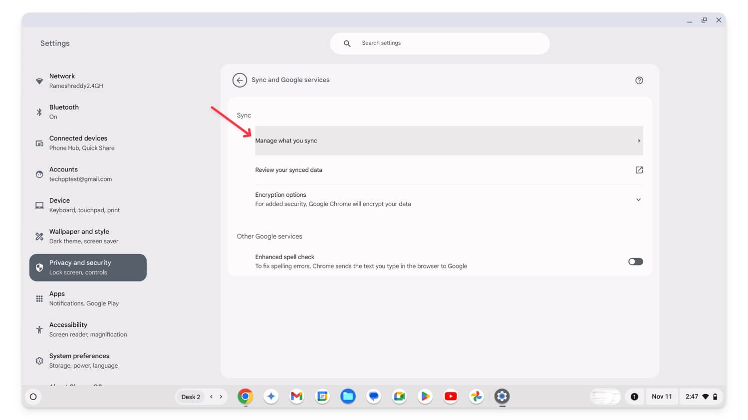 gestisci cosa sincronizzare su chromeos