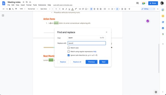 найти и заменить google docs