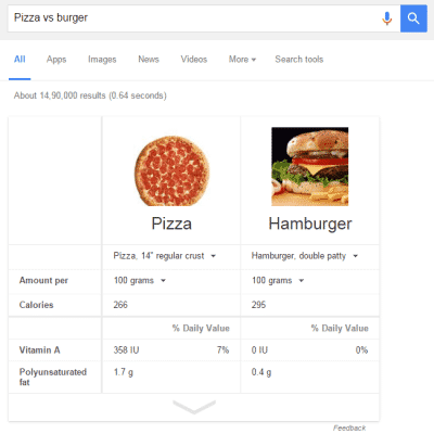 Compare foods using “vs.”