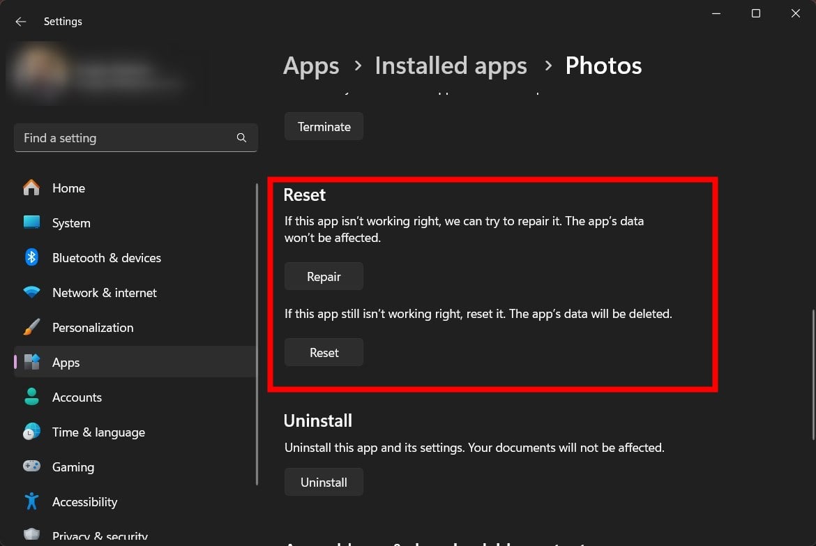 repair and reset photos app