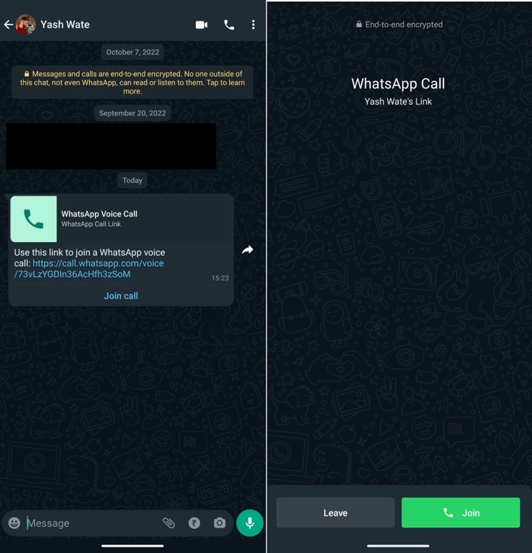 uniéndose a una llamada de whatsapp a través del enlace de llamada en android
