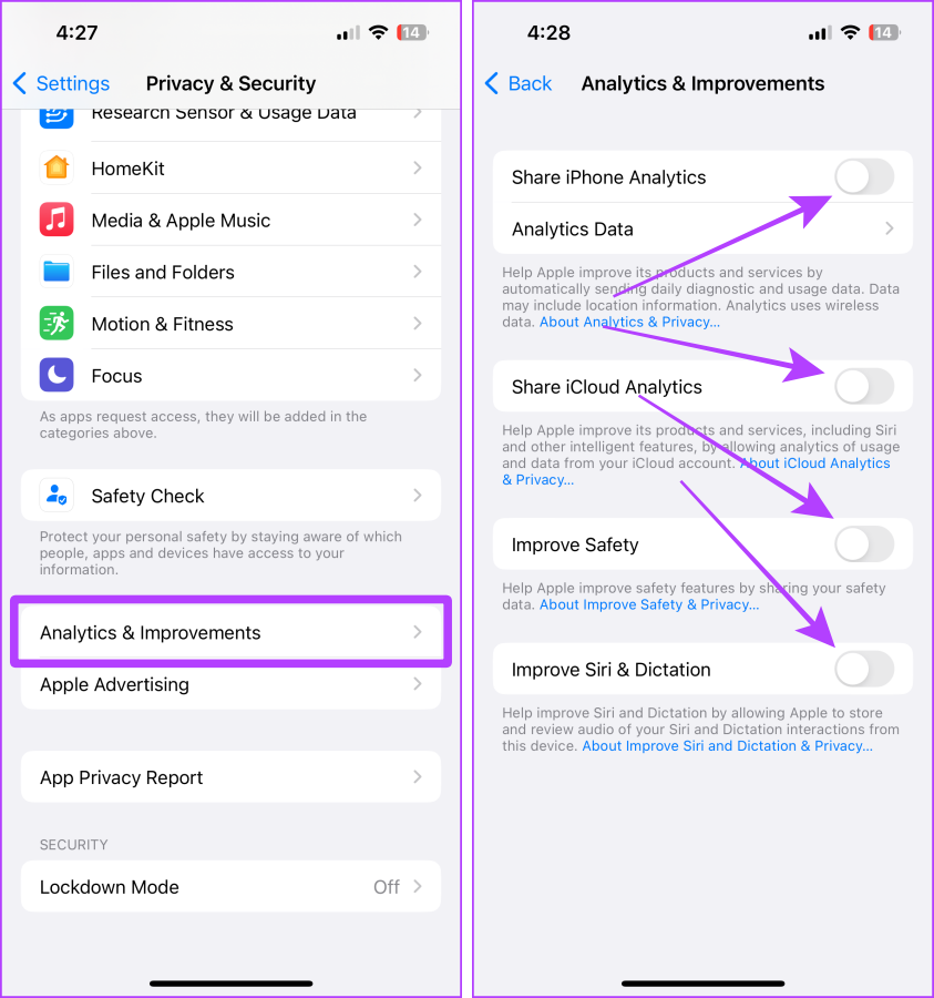 configurações de análises e melhorias iphone