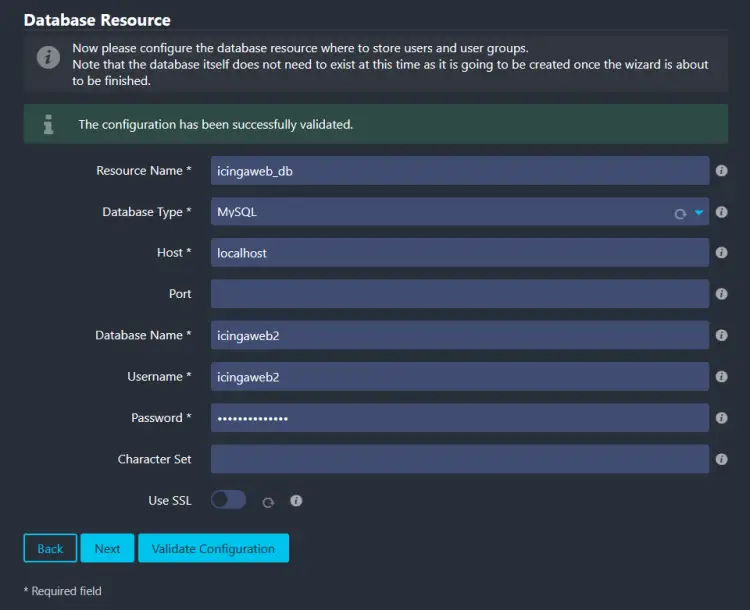 Icinga Web Datenbankanmeldeinformationen