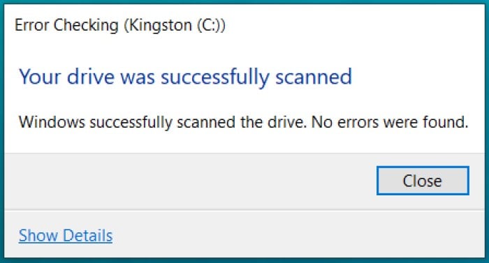 verificação chkdsk bem-sucedida