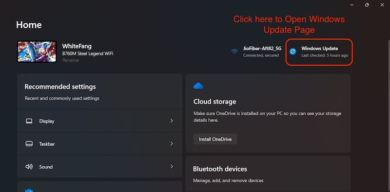 apri la pagina di aggiornamento di windows