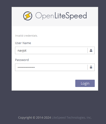 OpenLiteSpeed Anmeldeseite