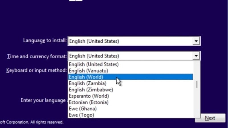 selecione inglês (mundo) na caixa de diálogo de formato de hora e moeda