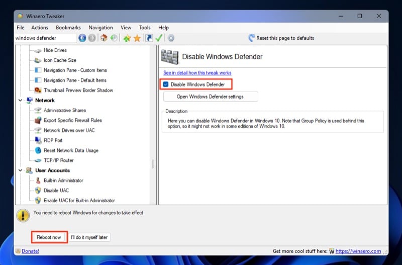 disabilitazione di windows defender utilizzando winaero tweaker.